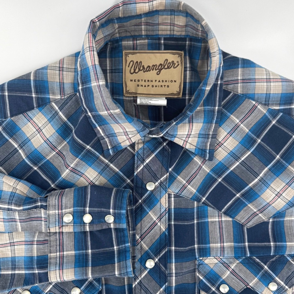 Wrangler Men M Western Pearl Snap Shirt‎ Blue Plaid Long Sleeve Country Festival